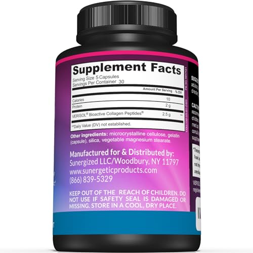 Sunergetic Premium Collagen Peptides Capsules – 2500 mg of VERISOL Collagen Peptides Type 1 & Type 3 – Multi Collagen Supplement to Support Joint Health, Hair, Skin & Nails – 150 Collagen Capsules