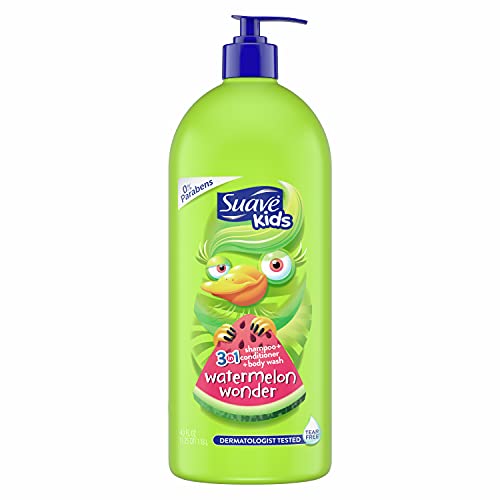 Suave Kids 3 in 1 Shampoo Conditioner Body Wash For Tear-Free Bath Time, Watermelon Wonder, Dermatologist-Tested Kids Shampoo 3 in 1 Formula 40 oz