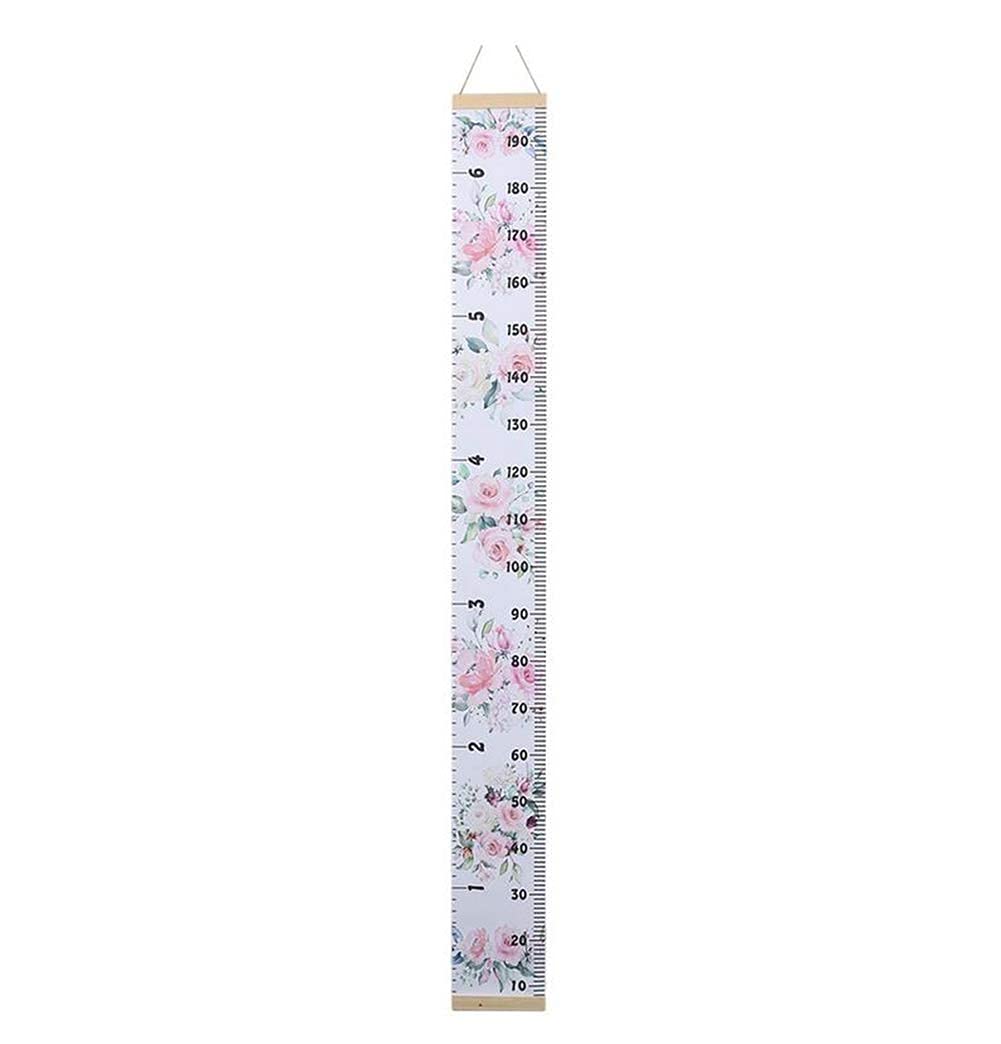 Baby Growth Chart Ruler Kids Roll-up Height Chart Wall Hanging Measurement Chart Wall Decor with Wood Frame for Kids Nursery Room Canvas Removable Height Growth Chart 8'' x 79'' (Pink Flower)