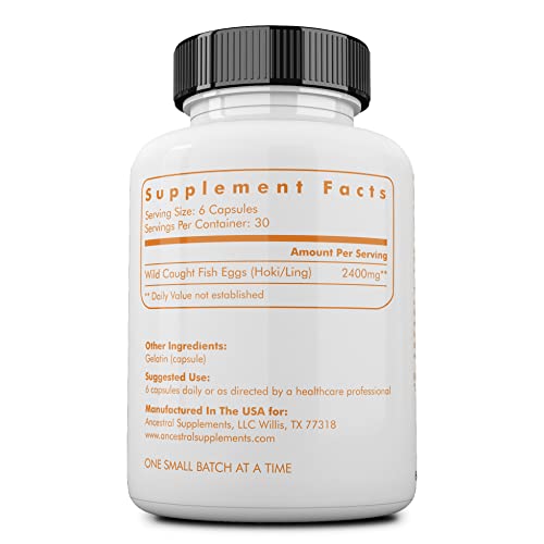 Ancestral Supplements Wild Caught Fish Eggs, 2400mg, Omega-3 Supplement Supports Brain, Heart, Fertility and Inflammatory Health, Whole Food Source of Vitamin D, K2, and A, Non-GMO, 180 Capsules