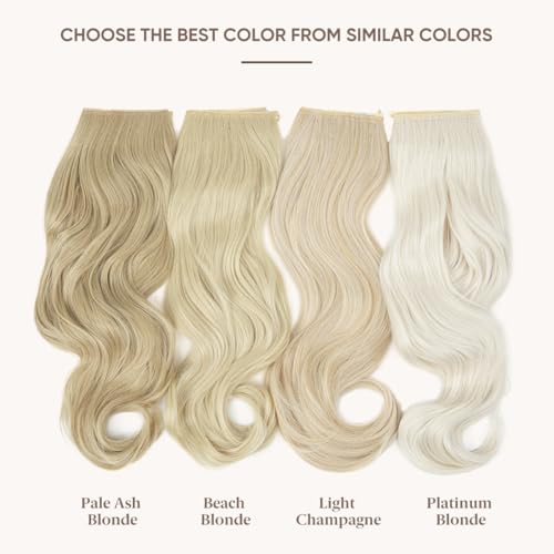 SARLA Invisible Wire Hair Extensions with 3 Clips Short Synthetic Wavy Curly Hairpiece Adjustable Transparent Headband for Women 14 Inch Pale Ash Blonde