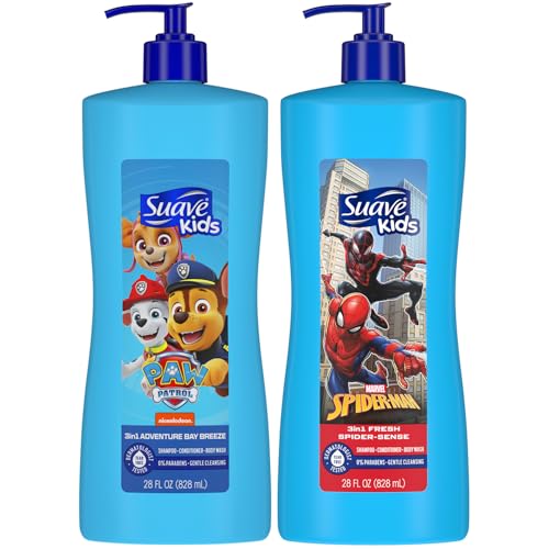 Suave Kids 3-in-1 Variety 2-Pack –Spiderman Fresh Spider-Sense & Paw Patrol Adventure Bay Breeze, Shampoo, Conditioner & Body Wash, 28 Oz Ea