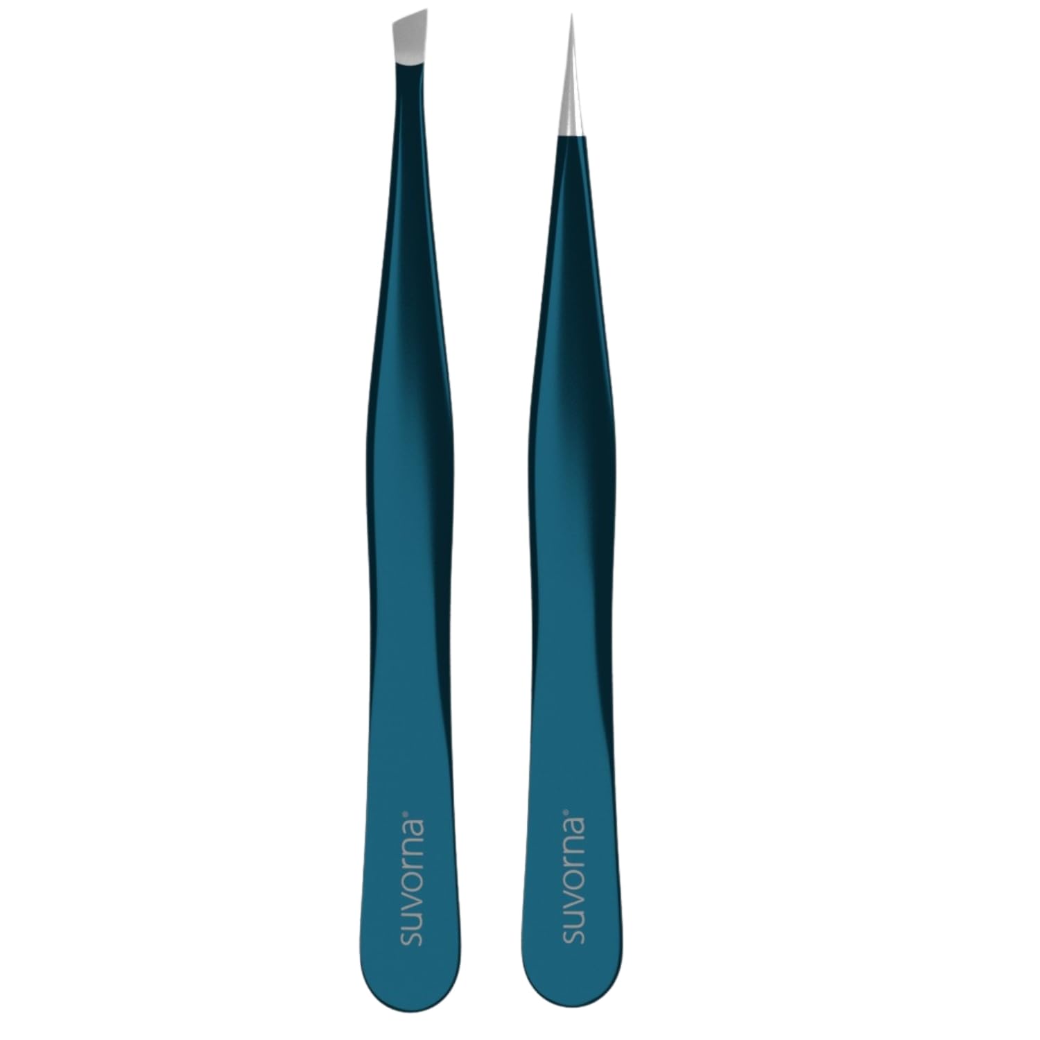 Suvorna 4 Precision Aligned Professional Tweezers Color Sets with Premium Stainless Steel. One Sharp Pointed Pair and One Slant Tip Pair for Eyebrow Shaping. Great for Ingrown Hair (Green)