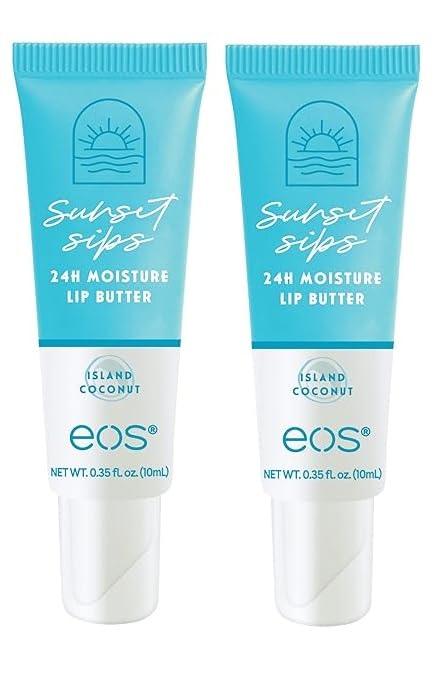 eos Sunset Sips Lip Butter Tube- Island Coconut, 24-Hour Moisture, Overnight Lip Mask, Lip Care Products, 0.35 fl oz (Pack of 2)