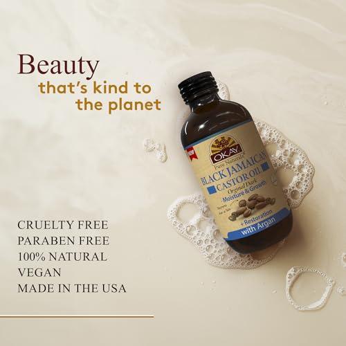OKAY Pure Naturals Black Jamaican Castor Oil with Argan Oil - Castor for Hair Health, Moisture for Skin, Face, Scalp, Eyelashes, Eyebrows, for Men & Women - 4 Fl Oz Glass Bottle (1 Pack)