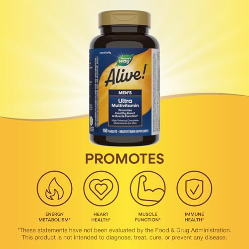 Nature's Way Alive! Men's Daily Ultra Multivitamin, Promotes Healthy Heart & Muscle Function*, with B-Vitamins Including Methylated B12, Gluten Free, 150 Tablets (Packaging May Vary)