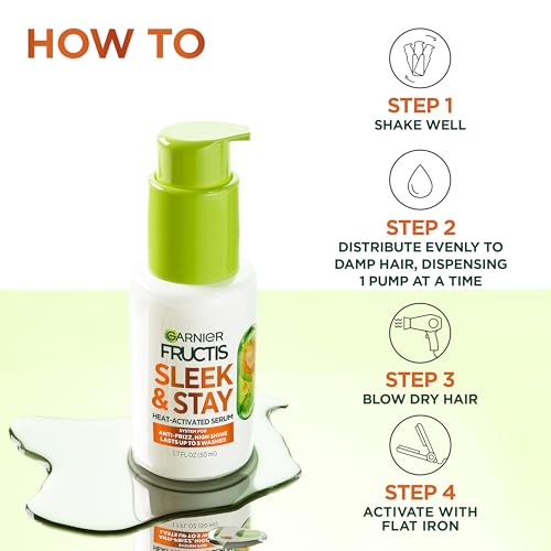 Garnier Fructis Sleek and Shine Sleek and Stay Hair Serum for Frizzy, Dry Hair, Heat Protectant Formulated with Alpha Silane, 1.7 Fl Oz(Packaging May Vary)