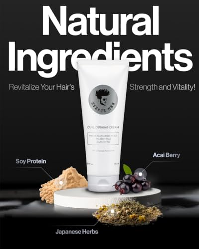 Avenue Man Curl Defining Cream - Improved Formula - Natural & Flexible Hold with Herbal Extracts for All Hair Types - Paraben Free & Sulfate Free