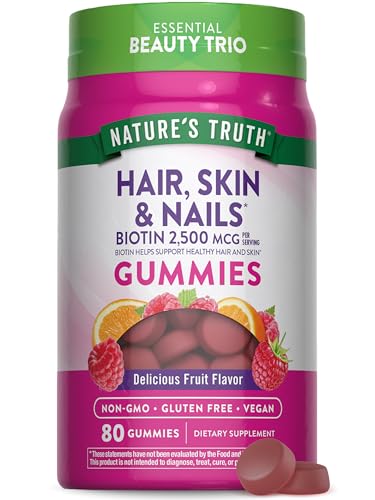 Nature's Truth Hair Skin and Nails Gummies | 80 Count | 2500mcg of Biotin | Vegan, Non-GMO, Gluten Free Supplement | Vitamin for Women & Men