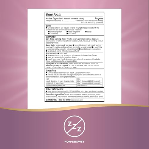 Nature's Way Umcka Cold Relief for Kids 6+, Umcka, Shortens Duration & Reduces Severity, Multi-Symptom Cold Relief, Homeopathic, Phenylephrine Free, Cherry Flavored, 10 Chewable Tablets