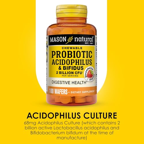 MASON NATURAL Probiotic Acidophilus with Bifidus, 50 Day Supply, Supports Healthy Normal Digestion, Strawberry Flavor, 100 Chewable Wafers