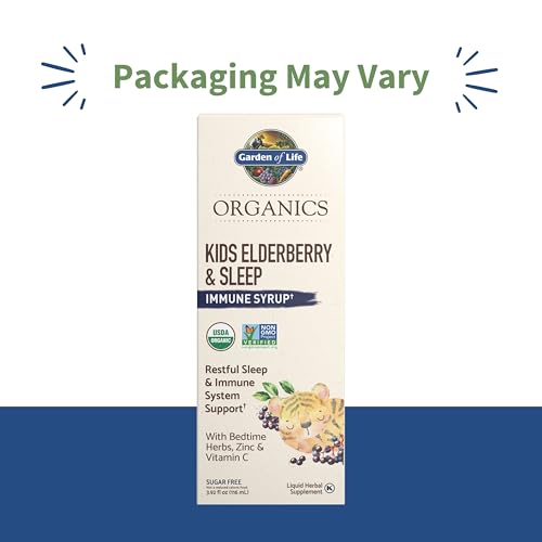Garden of Life Organics Elderberry Immune Support for Kids with Zinc, Vitamin C - Kids Elderberry & Sleep Immune Syrup Liquid, Bedtime Herbs for Children, No Alcohol, No Added Sugar, 3.92 fl oz