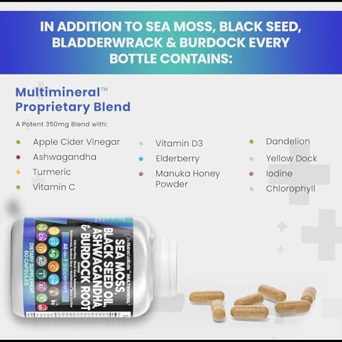 Clean Nutraceuticals Sea Moss Black Seed Oil Ashwagandha Turmeric Bladderwrack Burdock & Vitamin C Vitamin D3 with Elderberry Manuka Dandelion Yellow Dock Iodine Chlorophyll ACV