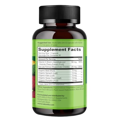 NATURELO Vegan Iron Supplement with Vitamin C and Organic Whole Foods - Gentle Pills for Women & Men w/Iron Deficiency Including Pregnancy, Anemia Diets 90 Mini Capsules