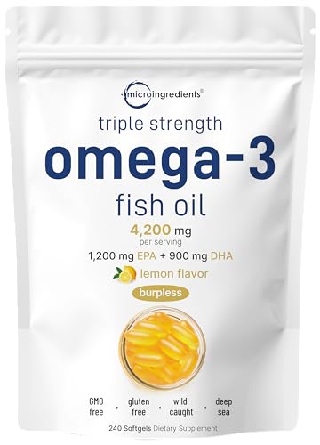 Micro Ingredients Triple Strength Omega 3 Fish Oil Supplements 4200mg Per Serving, 240 Softgels – Lemon Flavored – Burpless | EPA 1200mg + DHA 900mg | Deep Sea Fish.
