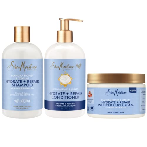 SheaMoisture Shampoo and Conditioner Set, Manuka Honey & Yogurt (13 Oz Ea) + Whipped Curl Cream (11.5 Oz) 3pc Bundle, Hydrate and Repair Shampoo and Conditioner, Shea Moisture Curly Hair Products