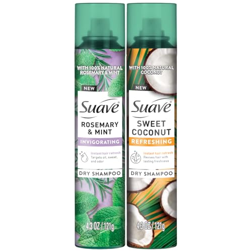 Suave Dry Shampoo Spray Variety 2-Pack – Invigorating Rosemary & Mint, Refreshing Sweet Coconut, 4.3 Oz Ea
