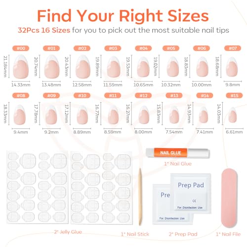Modelones French Tip Press on Nails Almond, Fall Halloween Short Almond Fake Nails, Reusable Nail Kit with Nail Glue Adhesive Tabs Mini Nail File, Nails Press Ons 32Pcs 16 Sizes