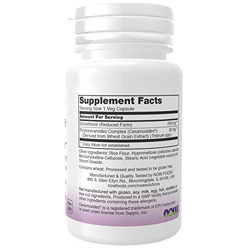 NOW Foods Solutions, Glutathione Skin Brightener with Ceramosides®, Moisturizing and Illuminating, 30 Veg Capsules