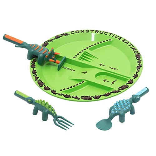 Constructive Eating Plate and Utensils Set - USA-Made Toddler Dinnerware with Divided Plates (Dinosaur)