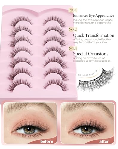 Onlyall Natural Lashes Wispy Lashes Natural Look False Eyelashes Natural Flared Eyelashes False Eye Lashes Soft Fluffy Lashes 7 Pairs D-K06, Black