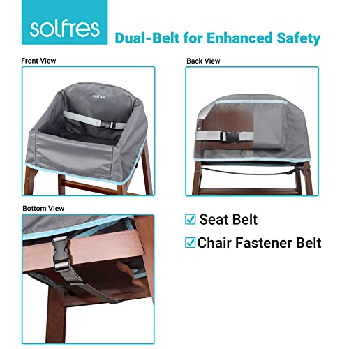 Dual-Belt Baby High Chair Cover, Upgrade Version, for Wooden or Restaurant High Chair, Sturdy and Robust Material, Waterproof Washable Stain and Slip Resistant, Gray