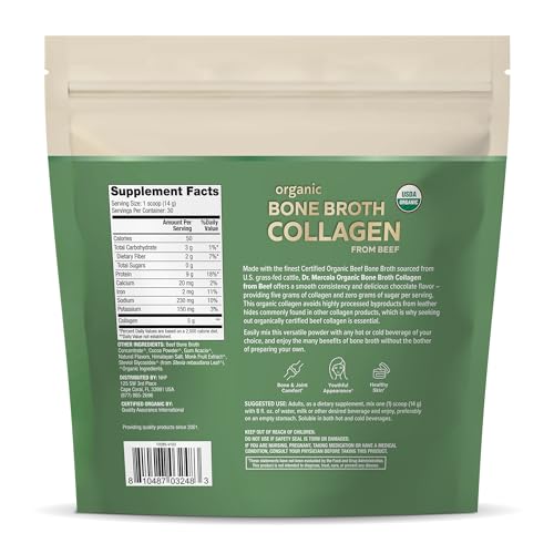 Dr. Mercola Organic Bone Broth Collagen Powder - Chocolate, 30 Servings (30 Scoops), Dietary Supplement, Supports Bone and Joint Comfort, USDA Organic, Non-GMO