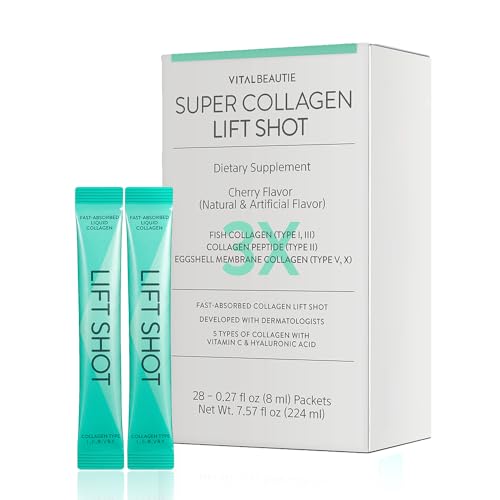 VITALBEAUTIE Liquid Collgen for Women, SuperCollagen Lift Shot - Premium Multi Collagens Peptides Type I, II, III, V, X 1500mg with Hyaluronic, Vitamin C, Third Party Certified, High Absorption