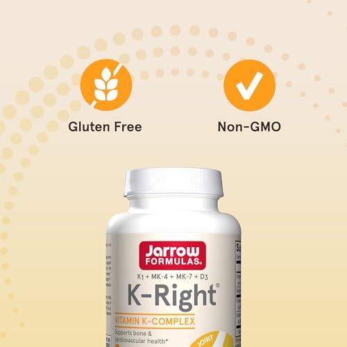 Jarrow Formulas K-Right - Vitamin K-Complex (K1, MK-4, MK-7, D3) - 60 Servings (Softgels) - Dietary Supplement for Bone & Cardiovascular Health Support - Vitamin K2 MK-7 - Gluten Free