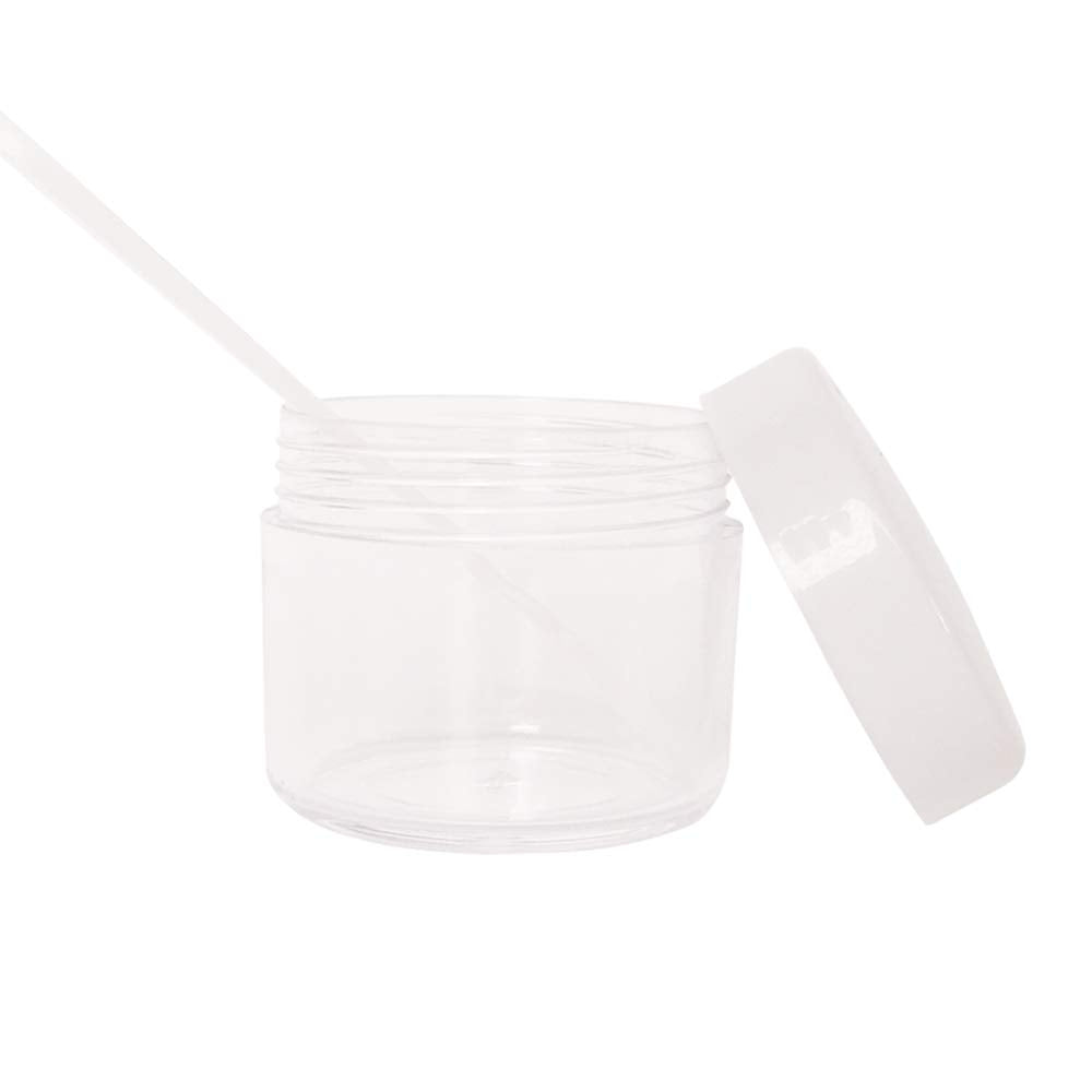 GreatforU 16pack 20g Empty Sample Jars, 20ml Small Plastic Refillable Cosmetic Container for Makeup Eyeshadow Jewelry Cream Slime Bath Lotions Oils, Clear Round Pot w/ WHITE Lid, Free Spatulas +Label