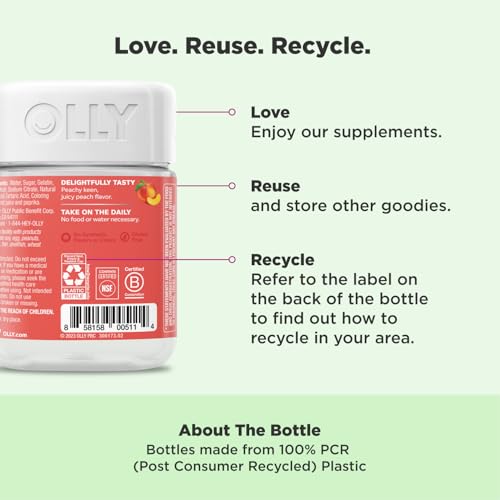 OLLY Probiotic + Prebiotic Gummy, Digestive Support and Gut Health, 500 Million CFUs, Fiber, Adult Chewable Supplement for Men and Women, Peach, 60 Day Supply - 60 Count