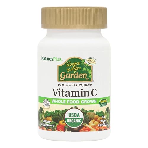 Natures Plus Source of Life Garden Certified Organic Vitamin C - 500 mg, 60 Vegan Capsules - Whole Food Immune Support Supplement, Antioxidant - Vegetarian, Gluten-Free - 30 Servings