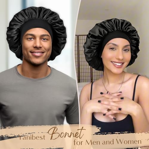 YANIBEST Silk Bonnet for Men Women Hair Bonnet for Sleeping Double Layer Satin Bonnets for Black Women Curly Hair Sleep Cap,Black