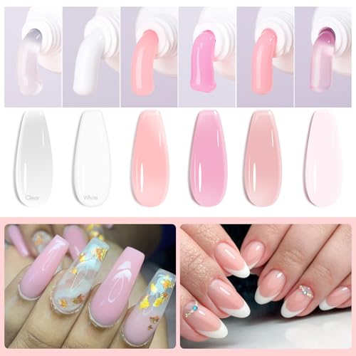 Makartt Poly Nail Gel Kit: 6 Clear Pink White Colors Gel Builder for Gel Nail Extension Set, Long Lasting Hard Gel for Nails Strengther, All in one Nail Thickening Solution Salon Home French Manicure