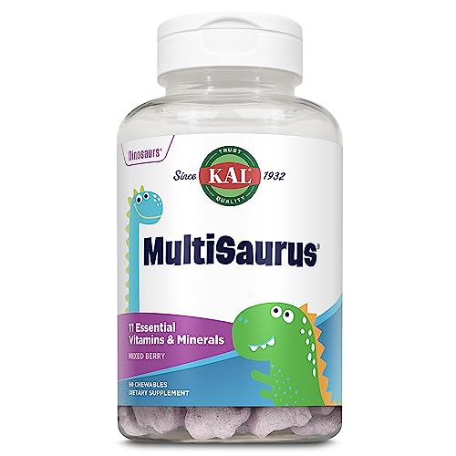 KAL MultiSaurus Kids Chewable Multivitamins, 11 Essential Vitamins and Minerals for Kids, Mixed Berry Flavor, Gluten and Preservative Free, 90 Servings, 90 Dinosaur-Shaped Chewables