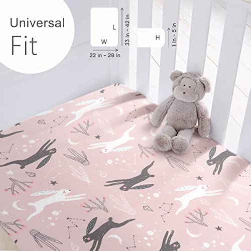 GRSSDER Stretchy Ultra Soft Jersey Knit Pack n Play Sheets Set 2 Pack, Portable/Mini Cribs Playard Sheets, Cute Foxes and Rabbits for Baby Girls and Boys