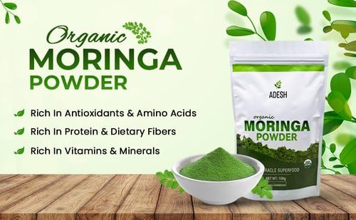 Adesh Organic Moringa Powder 16g|100% Pure Moringa Leaf Powder |Non GMO, Metabolism & Immune Support. Perfect for Smoothies and Drinks. Pure Supergreen, Vegan Greens, and Nature's Multivitamin (1lb)
