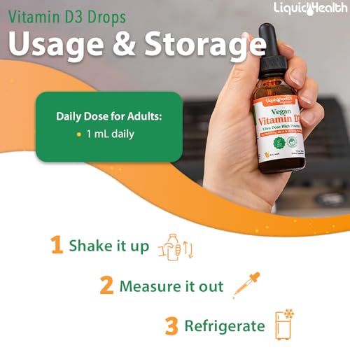 LIQUIDHEALTH Liquid Vitamin D3 5000 IU, Organic Vitamin D Liquid Drops, Adults & Kids, Vegan Liquid Vitamin D for Immune Support, Bone Health, Mood Support - (2pack)