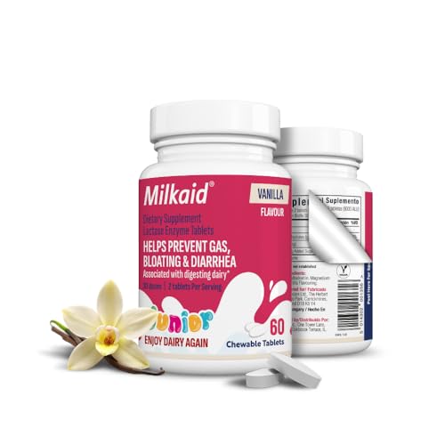Milkaid Junior Lactase Enzyme Chewable Tablets for Lactose Intolerance | Prevents Gas, Bloating, Diarrhea in Children| Fast Acting Dairy Digestive Supplement for Kids| 60 ct (60 Tablets, Vanilla)