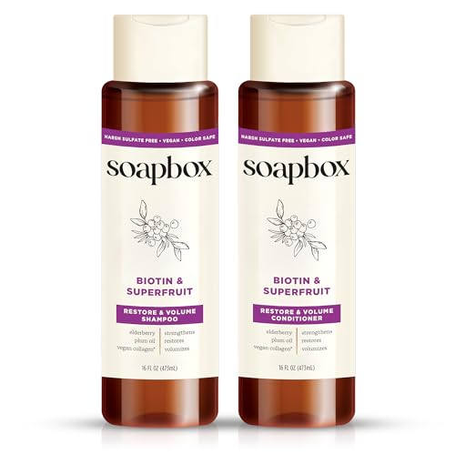 Soapbox Biotin & Superfruit Shampoo & Conditioner Set with Vegan Collagen, Aloe and Shea Butter, Pack of 2 Sulfate Free, Paraben & Silicone Free, Color Safe and Vegan Hair Products, 16 Ounces Each