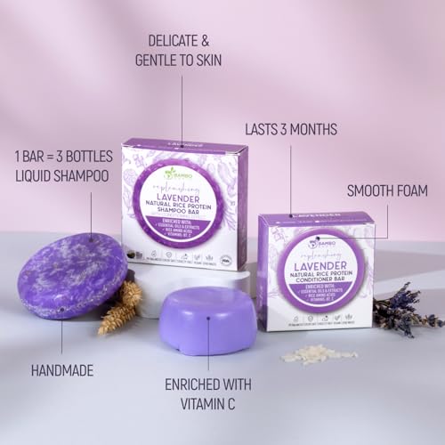 Solid Rice Protein Water Shampoo & Conditioner Hair Soap – Shampoo and Conditioner Bars For Hair With All Natural Plant Based Essential Oils And Zero Waste Packaging (Lavender)