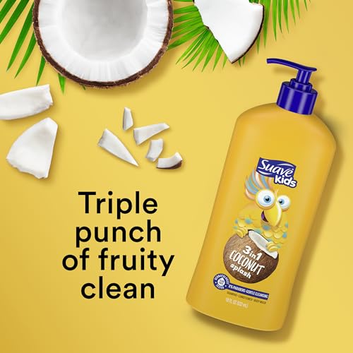 Suave Kids 3-in-1 Tear Free, Body Wash, Shampoo and Conditioners, Dermatologist Tested, Coconut Splash, 18 Oz Pack of 6