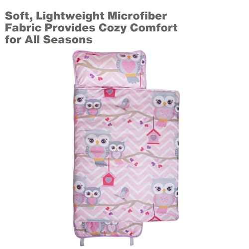 EVERYDAY KIDS Nap Mat with Removable Pillow - Sweet Owls - Carry Handle with Straps Closure, Rollup Design, Soft Microfiber for Preschool, Daycare, Travel Sleeping Bag - Ages 3-6 Years