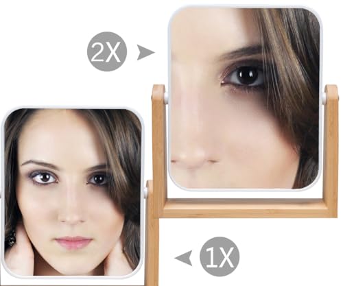 YEAKE Vanity Makeup Mirror with Natural Bamboo Stand,8 Inch 1X/2X Magnification Double Sided 360 Degree Swivel Magnifying Mirror,Portable Table Desk Countertop Mirror Bathroom Shaving Make Up Mirror