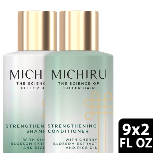 Michiru Strengthening Shampoo, Sulfate-Free & Conditioner, Silicone-Free – Japanese Hair Care, Scalp Treatment with Cherry Blossom Extract and Rice Oil, 9 Oz Each (2 Piece Set)