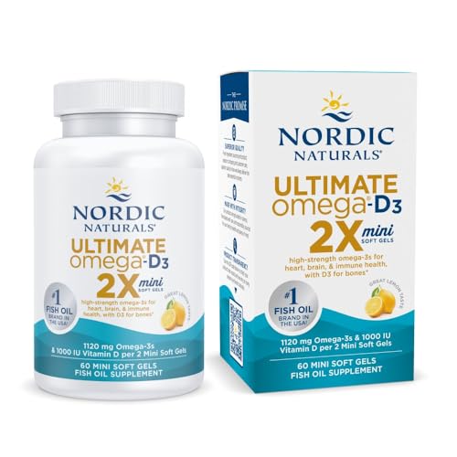 Nordic Naturals Ultimate Omega 2X Mini D3, Lemon Flavor - 1120 mg Omega-3 + 1000 IU Vitamin D3-60 Mini Soft Gels - Omega-3 Fish Oil - EPA & DHA - Promotes Brain & Heart Health - 30 Servings