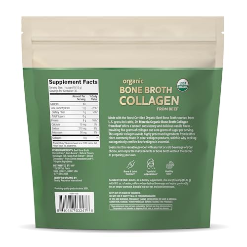Dr. Mercola Organic Bone Broth Collagen Powder - Vanilla, 30 Servings (30 Scoops), Dietary Supplement, Supports Bone and Joint Comfort, USDA Organic, Non-GMO