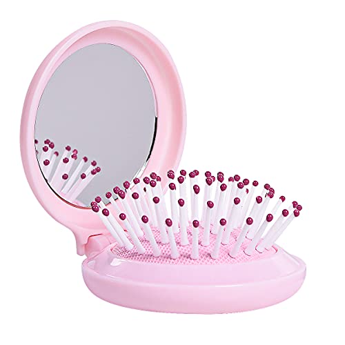 Trikeel Mini Hair Brush Pink for Girl, Round Little Mirror with Fine Brush for Women,Travel Hair Comb with Mirror,Round Compact Brush for Pocket or Backpack.