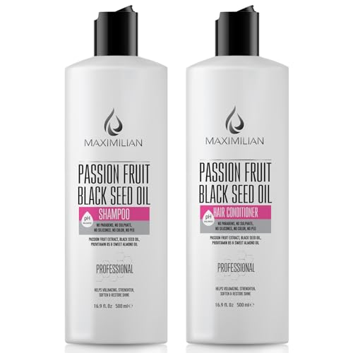 Maximilian Passion Fruit Black Seed Oil Curly Hair Shampoo and Conditioner Set- Extra Volumizing, Strengthing, Moisturizing, Hydration and Shine - Sulfate Paraben Free - (2 x 16.9 Fl Oz / 500mL)