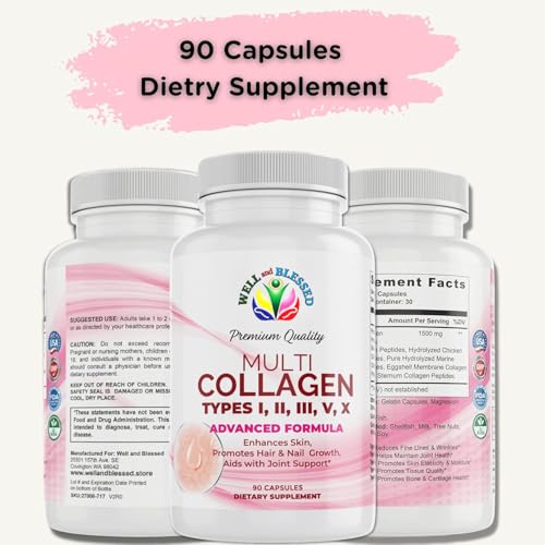 Multi Premium Collagen Supplements for Women with Vitamin C, E -Tighten Skin, Reduce Wrinkles, Strong Nails, Joints & Hair Growth - Anti Aging Skin Care Supplements for Women -90 Capsules